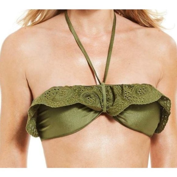 Chelsea & Violet Other - NWT Chelsea & Violet XS Ollive Green Eyelet Ruffle Tie Neck Bikini Swim Top